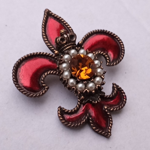 VINTAGE Weiss Jeweled Enameled Regal Fleur de Lis Brooch Pin - Picture 3 of 12
